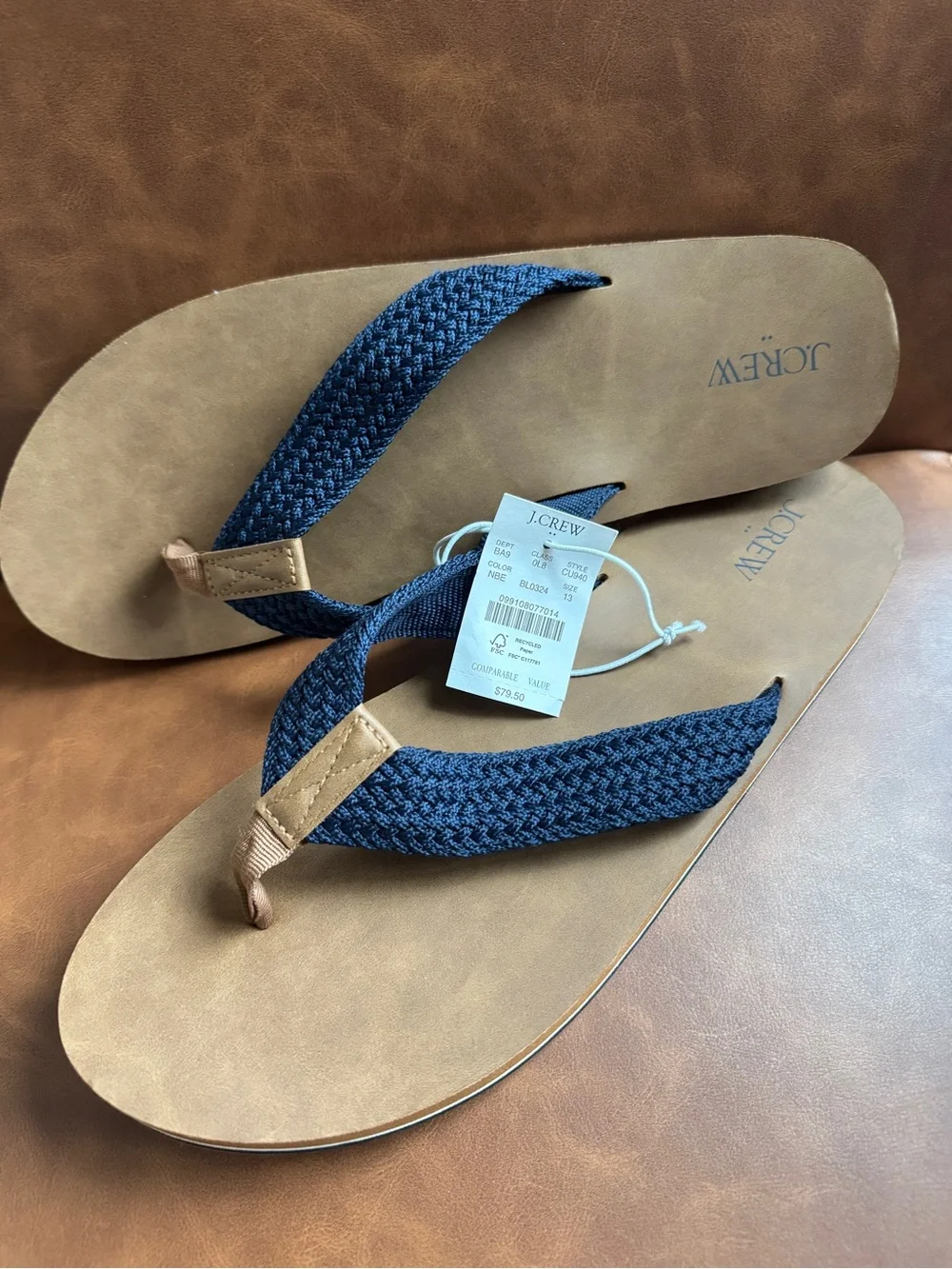 J. Crew Navy Braided-strap Flip-Flops with Tan Footbed